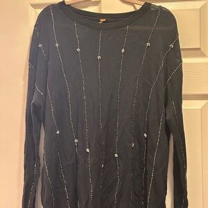Free People Black Long Sleeve Top with Beaded Accents